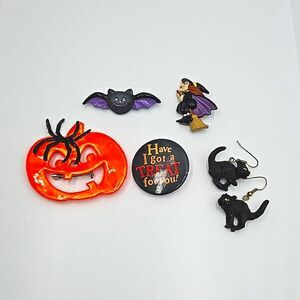 Vintage Novelty Halloween Pin & Earring Collection Bat Witch Pumpkin Cats